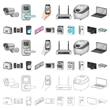 Akıllı ev aletleri set koleksiyonu tasarım için simgeleri karikatür. Modern ev aletleri sembol stok web illüstrasyon vektör.