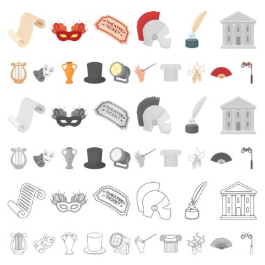 Tiyatro sanat çizgi film set koleksiyonu tasarım için simgeler. Tiyatro donanımları ve aksesuarları sembol stok web illüstrasyon vektör.