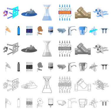 Su filtrasyon sistemi karikatür simgeleri set koleksiyonu tasarım için. Temizlik ekipmanları vektör simge stok web çizim.