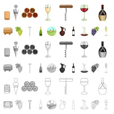 Şarap ürünleri set koleksiyonu tasarım için simgeleri karikatür. Sembol stok web illüstrasyon vektör ekipman ve şarap üretimi.