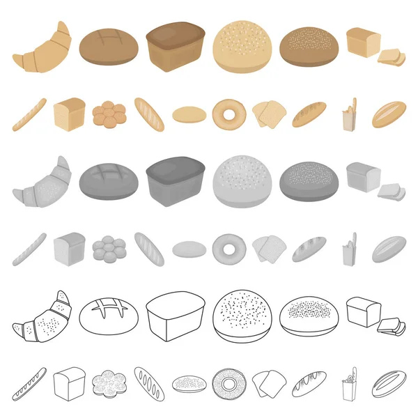 Tipos de iconos de dibujos animados de pan en la colección de conjuntos para el diseño. Panadería productos vector símbolo stock web ilustración . — Vector de stock