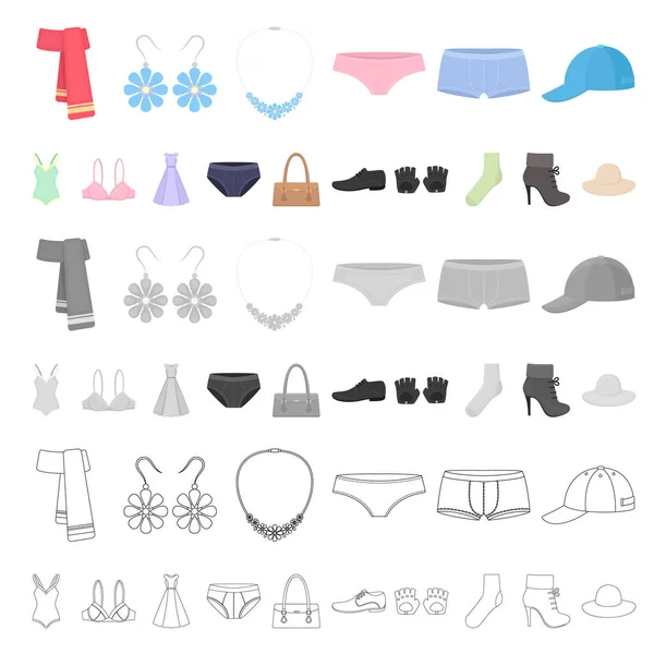Kleding en accessoires cartoon pictogrammen in set collectie voor design. Schoenen en decoratie vector symbool voorraad web illustratie. — Stockvector