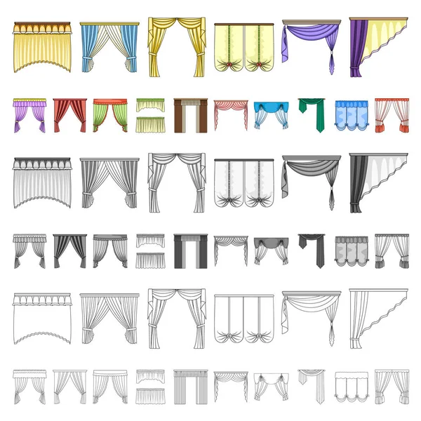 Diferentes tipos de cortinas ícones de desenhos animados na coleção de conjuntos para design. Cortinas e lambrequim símbolo vetorial ilustração web . — Vetor de Stock