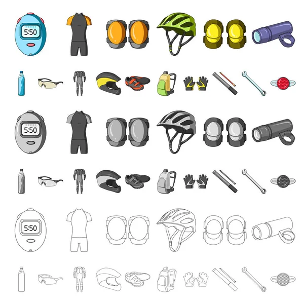 Traje de bicicleta iconos de dibujos animados en la colección de conjuntos para el diseño. Bicicleta y herramienta vector símbolo stock web ilustración . — Vector de stock