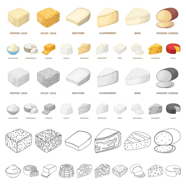 Diversi tipi di icone dei cartoni animati di formaggio nella collezione di set per design.Milk prodotto formaggio vettore simbolo stock web illustrazione . — Vettoriale Stock