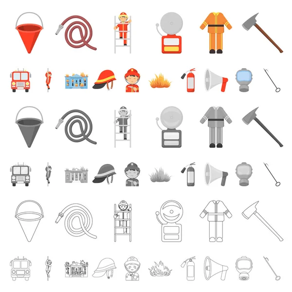 Iconos de dibujos animados del Departamento de Bomberos en la colección de conjuntos para el diseño. Bomberos y equipos vector símbolo stock web ilustración . — Vector de stock