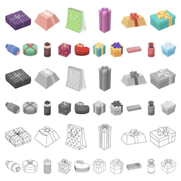 Iconos de dibujos animados de regalo y embalaje en la colección de conjuntos para el diseño. Ilustración de tela de símbolo de vector de embalaje colorido . — Vector de stock