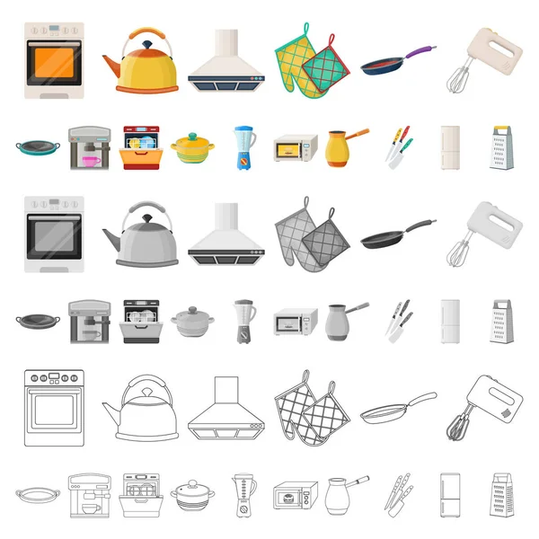 Kuchnia wyposażenie kreskówka ikony w kolekcja zestaw do projektowania. Kuchnia i akcesoria symbol web czas ilustracja wektorowa. — Wektor stockowy
