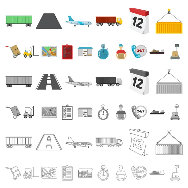 Ikony kreskówka usług logistycznych w kolekcja zestaw do projektowania. Logistyka i sprzęt symbol web czas ilustracja wektorowa. — Wektor stockowy