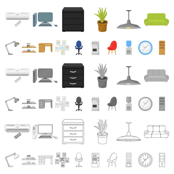Interior de los iconos de dibujos animados del lugar de trabajo en la colección de conjuntos para el diseño. Muebles de oficina vector símbolo stock web ilustración . — Archivo Imágenes Vectoriales