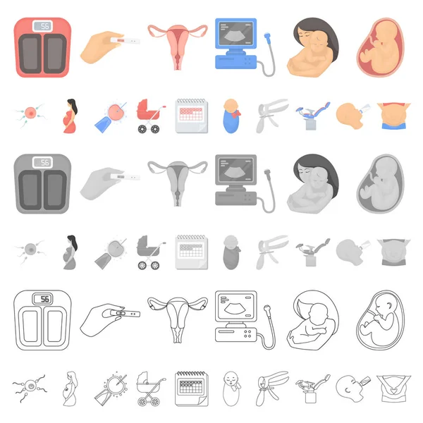 Ícones de desenhos animados de mulher e gravidez na coleção de conjuntos para design. Ginecologia e equipamentos símbolo vetorial ilustração web . —  Vetores de Stock
