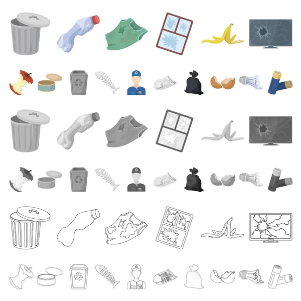 Iconos de dibujos animados de basura y residuos en la colección de conjuntos para el diseño. Limpieza de basura vector símbolo stock web ilustración . — Archivo Imágenes Vectoriales