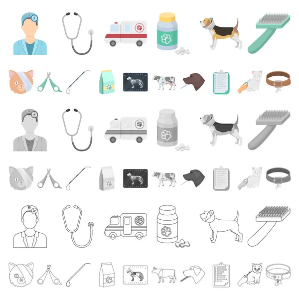Iconos de dibujos animados de clínicas veterinarias en la colección de conjuntos para el diseño. Tratamiento de una mascota vector símbolo stock web ilustración . — Vector de stock