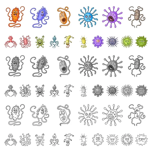 Tipos de iconos de dibujos animados de microbios divertidos en la colección de conjuntos para el diseño. Microbios patógenos vector símbolo stock web ilustración . — Vector de stock