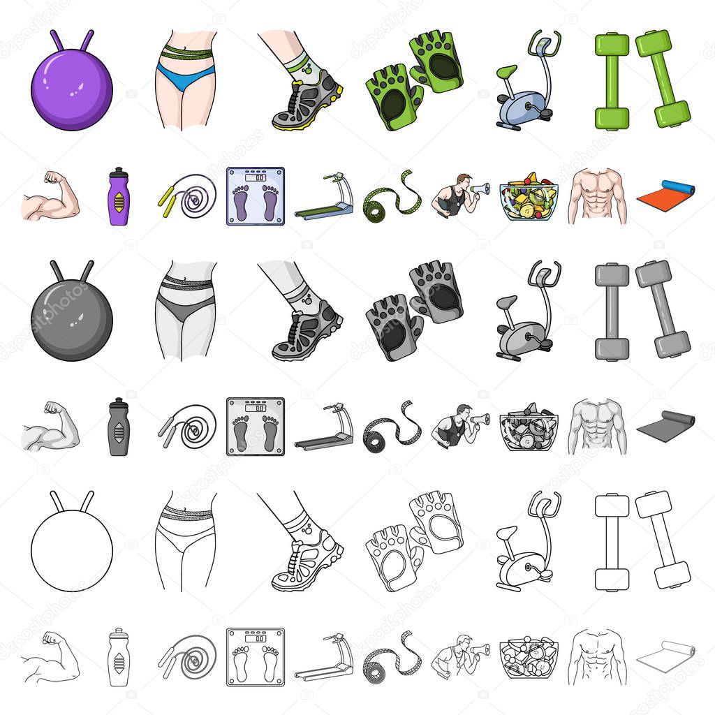 Fitness and attributes cartoon icons in set collection for design. Fitness equipment vector symbol stock web illustration.