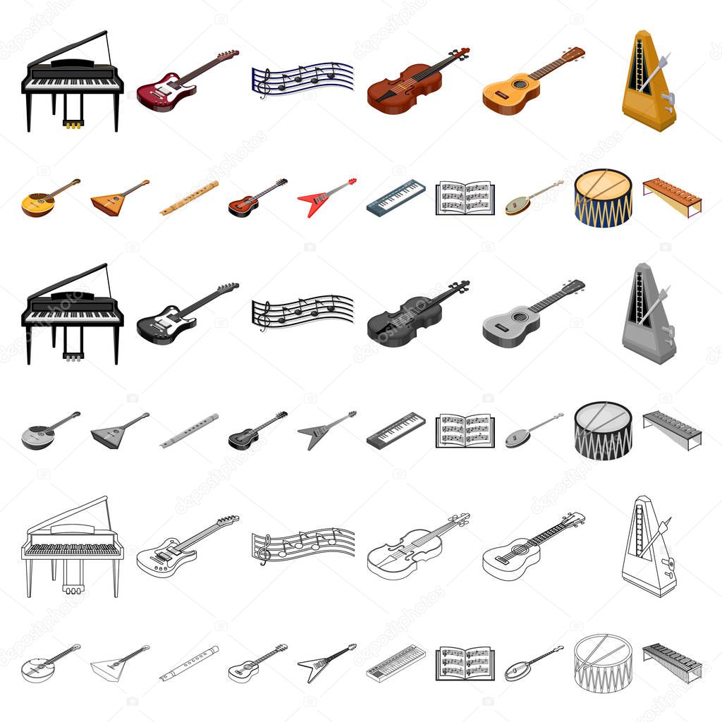 Musical instrument cartoon icons in set collection for design. String and Wind instrument isometric vector symbol stock web illustration.