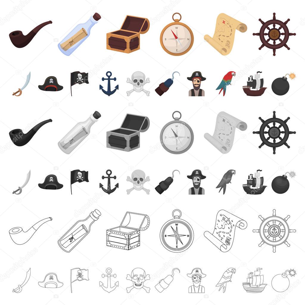 Pirate, sea robber cartoon icons in set collection for design. Treasures, attributes vector symbol stock  illustration.