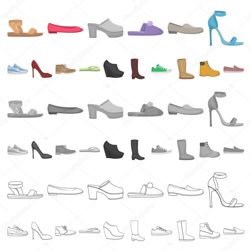 A variety of shoes cartoon icons in set collection for design. Boot, sneakers vector symbol stock web illustration.