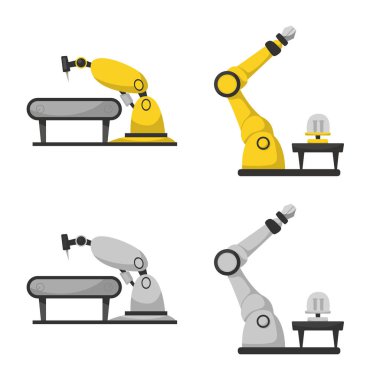 Robot ve fabrika simge vektör tasarımı. Robot ve uzay hisse senedi vektör çizim seti.