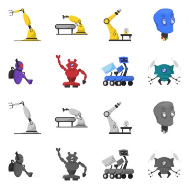 Robot ve fabrika işareti vektör tasarımı. Web için robot ve uzay hisse senedi simgesi kümesi.