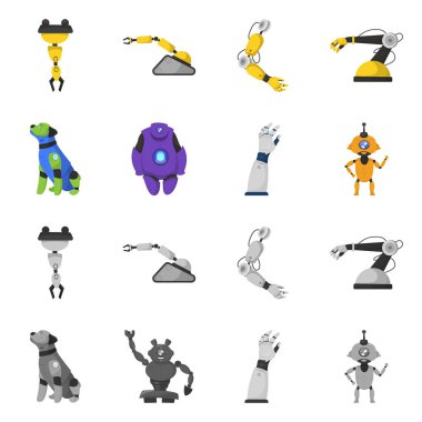 Robot ve fabrika işareti vektör Illustration. Hisse senedi için robot ve uzay vektör simge topluluğu.