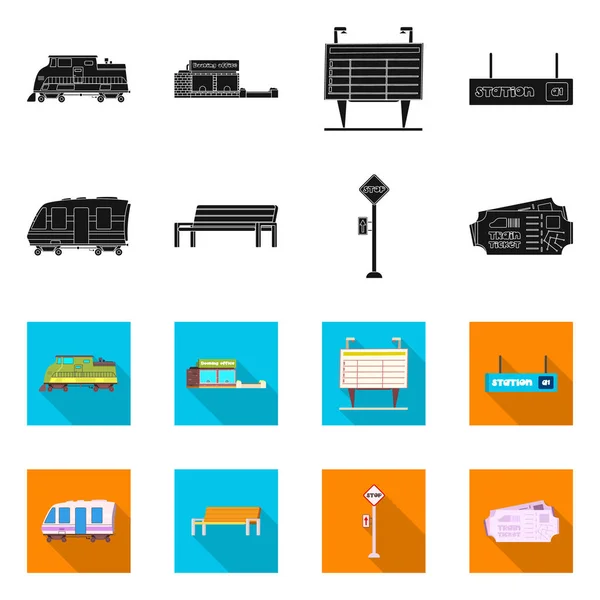 Tren ve istasyonu işareti yalıtılmış nesne. Web için tren ve bilet hisse senedi simgesi kümesi. — Stok Vektör