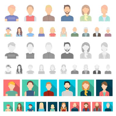 Set koleksiyonu tasarım için avatar ve yüz karikatür simgeler. Bir kişi s görünüm vektör simge stok web çizim.