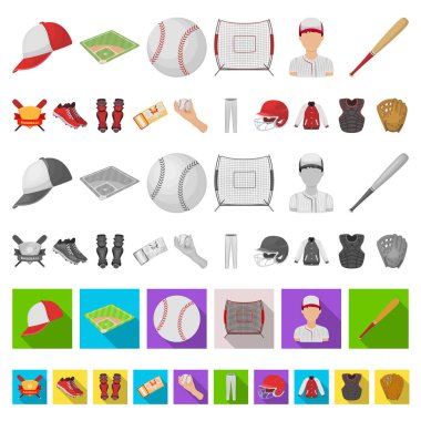 Beyzbol ve öznitelikleri set koleksiyonu tasarım için simgeleri karikatür. Sembol stok web illüstrasyon vektör beyzbol oyuncusu ve ekipman.