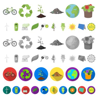 Set koleksiyonu tasarım için biyoloji ve ekoloji karikatür simgeler. Bir ekolojik saf ürün vektör simge stok çizim.