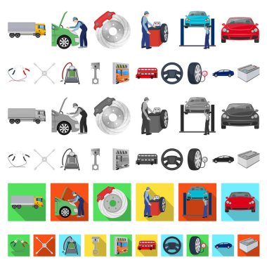 Araba, Asansör, pompa ve set koleksiyonu tasarım için diğer ekipman karikatür simgeleri. Araba bakım istasyonu vektör simge stok çizim web.