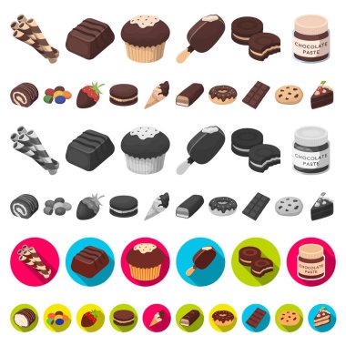 Set koleksiyonu tasarım için çikolata tatlı karikatür simgeler. Çikolata ve şekerleme vektör simgesi web illüstrasyon stok.