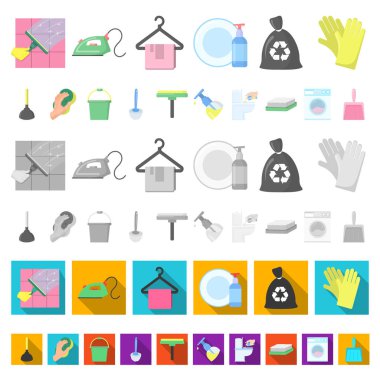 Temizlik ve hizmetçi set koleksiyonu tasarım için simgeleri karikatür. Vektör simge stok web illüstrasyon Temizleme için donatım.