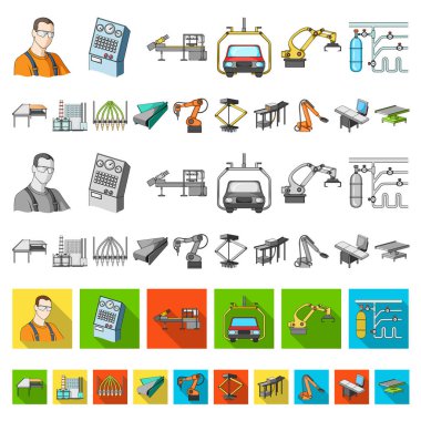 Ekipman ve makine karikatür simgeleri set koleksiyonu tasarım için. Fabrika vektör simge stok web çizim teknik ilerleme.