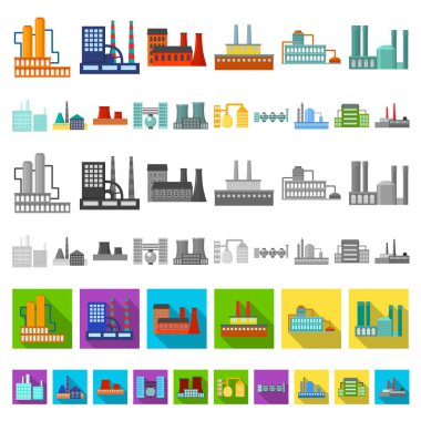 Fabrika ve tesisleri set koleksiyonu tasarım için simgeleri karikatür. Sembol stok web illüstrasyon vektör fabrikası ve donanımları.