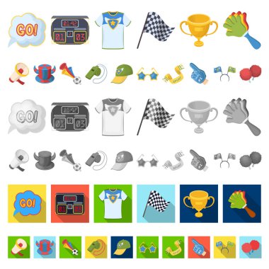 Fan ve öznitelikleri set koleksiyonu tasarım için simgeleri karikatür. Spor Fan vektör simge stok web çizimi.