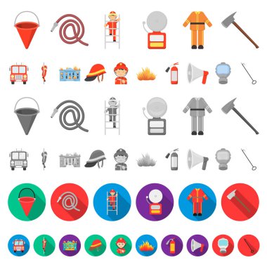 Set koleksiyonu tasarım için itfaiye karikatür simgeler. İtfaiye eri ve ekipman sembol stok web illüstrasyon vektör.