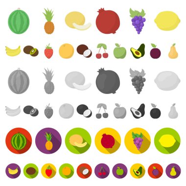 Farklı meyve set koleksiyonu tasarım için simgeleri karikatür. Meyve ve vitaminler sembol stok web illüstrasyon vektör.