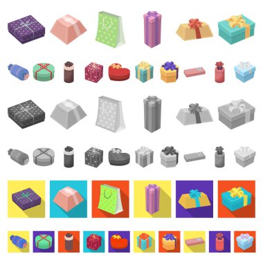Hediye ve set koleksiyonu tasarım için karikatür simgeleri ambalaj. Renkli ambalaj sembol stok web illüstrasyon vektör.