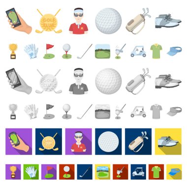 Golf ve öznitelikleri set koleksiyonu tasarım için simgeleri karikatür. Golf Kulübü ve ekipman sembol stok web illüstrasyon vektör.
