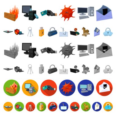 Hacker ve set koleksiyonu tasarım için kesmek çizgi film simgesi. Sembol stok web illüstrasyon vektör hacker ve ekipman.