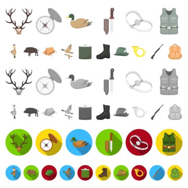 Avcılık ve kupa set koleksiyonu tasarım için simgeleri karikatür. Avcılık ve ekipman sembol stok web illüstrasyon vektör.