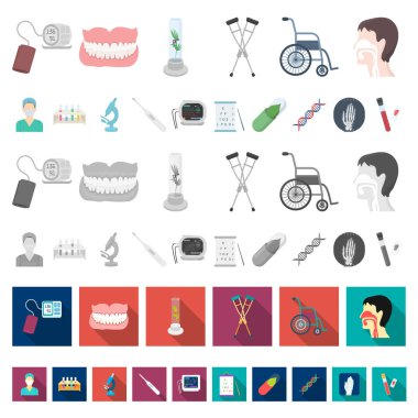 Set koleksiyonu tasarım için ilaç ve tedavi karikatür simgeler. Tıp ve ekipman sembol stok web illüstrasyon vektör.
