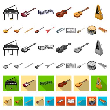 Müzik aleti çizgi film set koleksiyonu tasarım için simgeler. Resimde web dize ve Nefesli/Üflemeli Saz izometrik vektör simge stok.