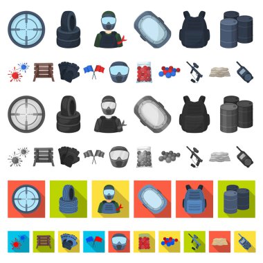Paintball takım oyun karikatür simgeleri set koleksiyonu tasarım için. Ekipman ve kıyafet sembol stok web illüstrasyon vektör.