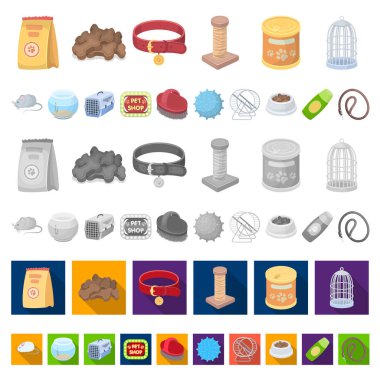 Set koleksiyonu tasarım için evde beslenen hayvan dükkan karikatür simgeler. Hayvanlar için ürünler sembol stok web illüstrasyon vektör.
