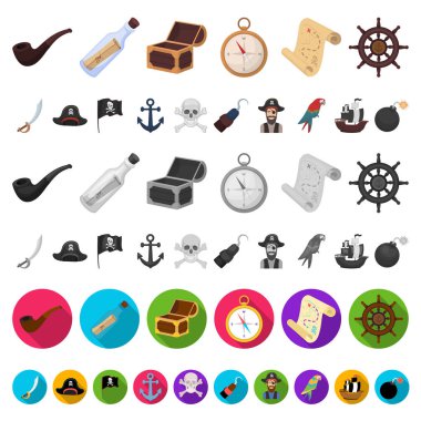 Korsan, deniz soyguncu karikatür simgeleri set koleksiyonu tasarım için. Hazineler, öznitelikleri sembol stok web illüstrasyon vektör.
