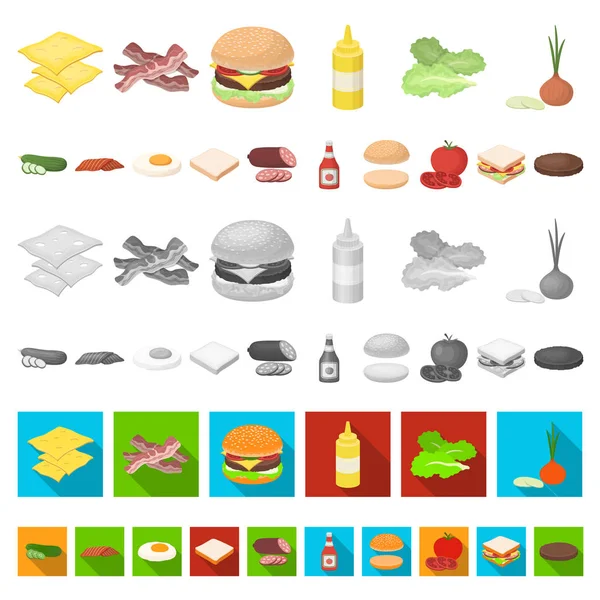 ハンバーガーや食材は漫画デザインのセットのコレクションのアイコンです。ベクトル シンボル ストック web イラストをクッキング ハンバーガー. — ストックベクタ