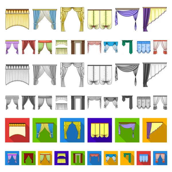 Diferentes tipos de cortinas iconos de dibujos animados en la colección de conjuntos para el diseño. Cortinas y lambrequines vector símbolo stock web ilustración . — Vector de stock