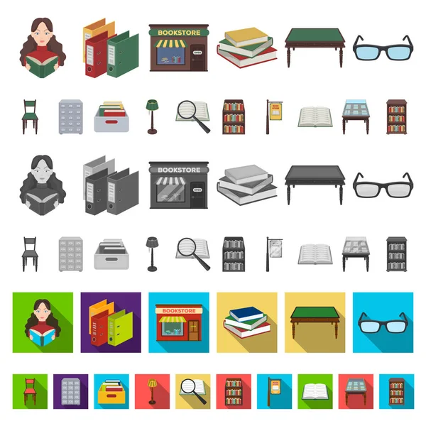 Knihkupectví a knihovny karikatura ikony v nastavení kolekce pro design. Knih a vybavení vektorové ilustrace symbolů akcií web. — Stockový vektor