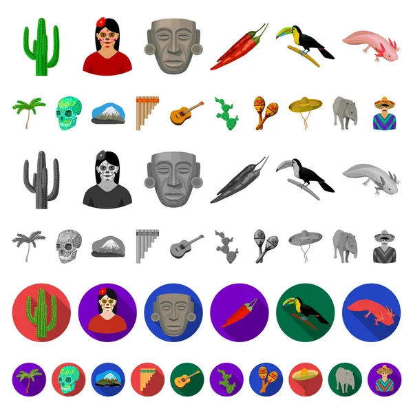 Land Mexico cartoon pictogrammen in set collectie voor design. Mexico en mijlpaal symbool voorraad web vectorillustratie. — Stockvector